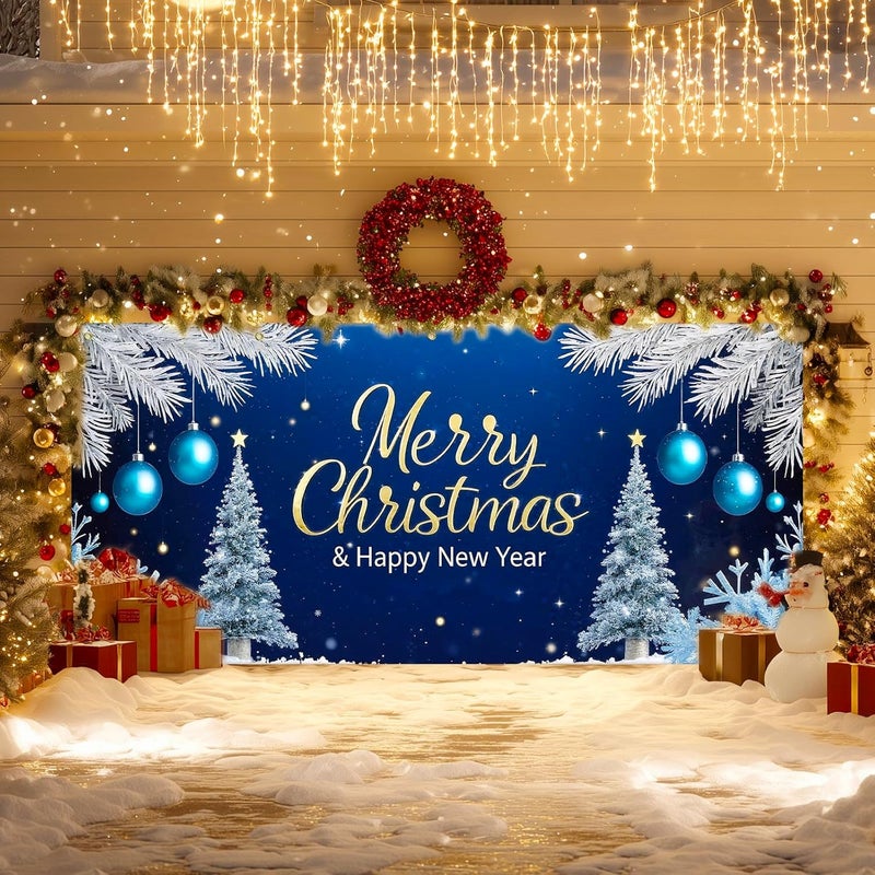 IVN Christmas Garage Door Cover Decoration 13x6ft Snowy Night Trees with Ornaments Blue Holiday Christmas Garage Door Banner Home Door Front Yard Decor for Xmas Eve Holiday Outdoor - Image 5